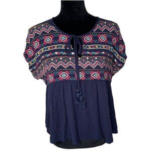 Flying Tomato Navy Boho Embroidered Peasant Top S